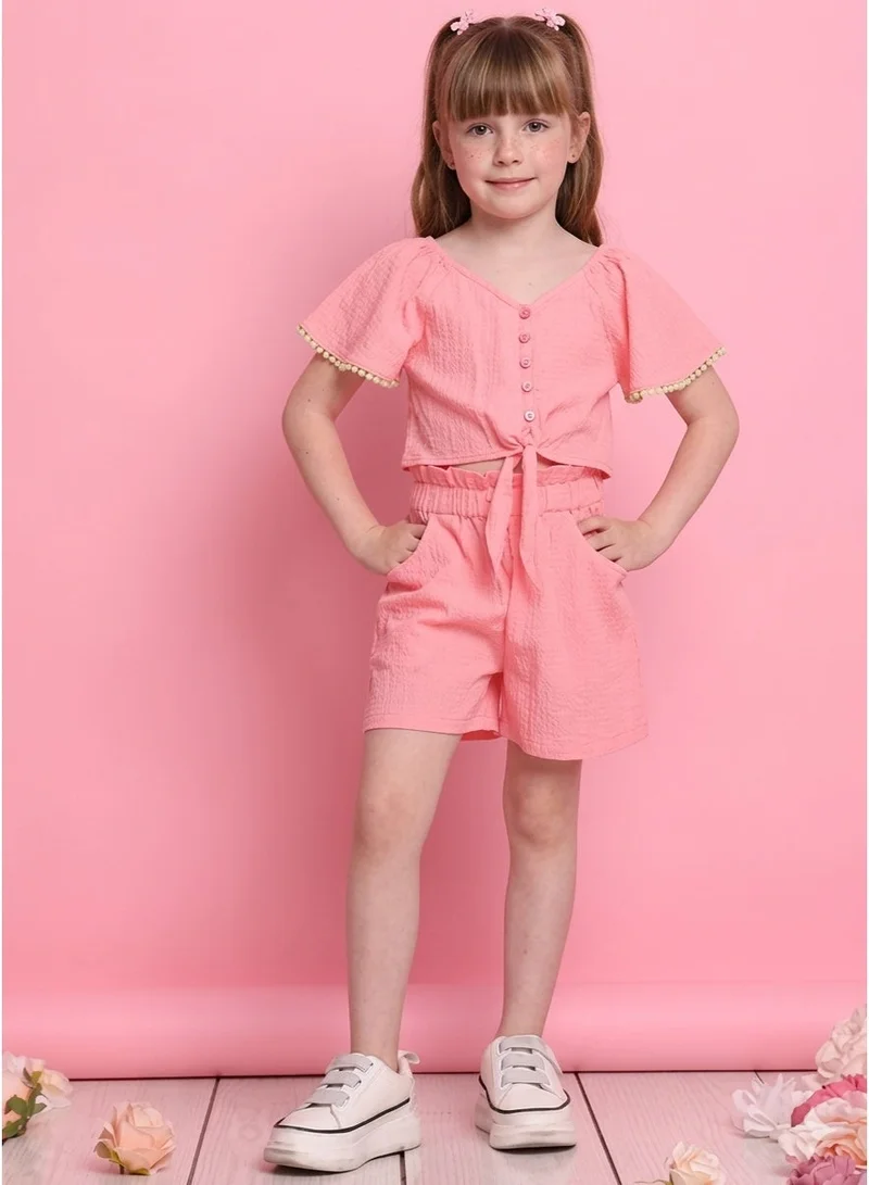 Saka Designs Girls Pink Self Design Top With Shorts