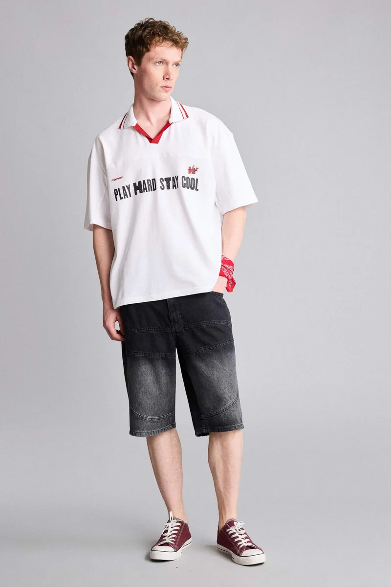 DeFacto Loose Fit Polo Collar Slogan Short Sleeve Polo T-Shirt