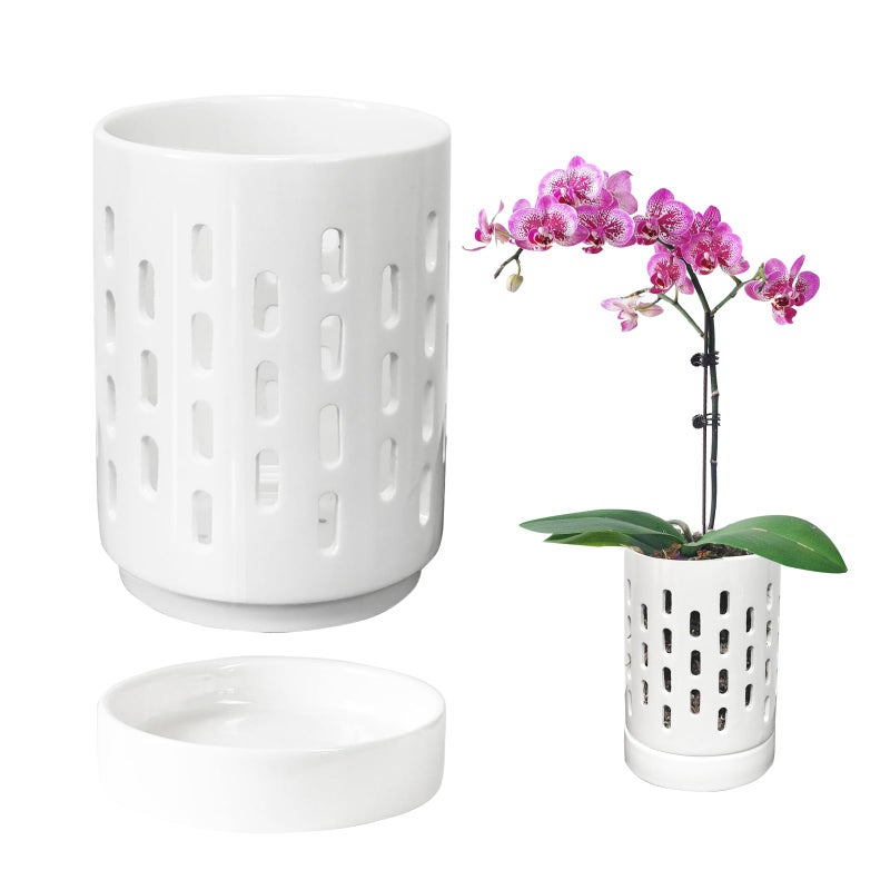 pavtner Orchid Pots with Holes,4 Inch Ceramic Orchid Pot for Repotting, Plant Pot for Repotting Orchids and Other Flowers - Indoor/Outdoor White - Image 1
