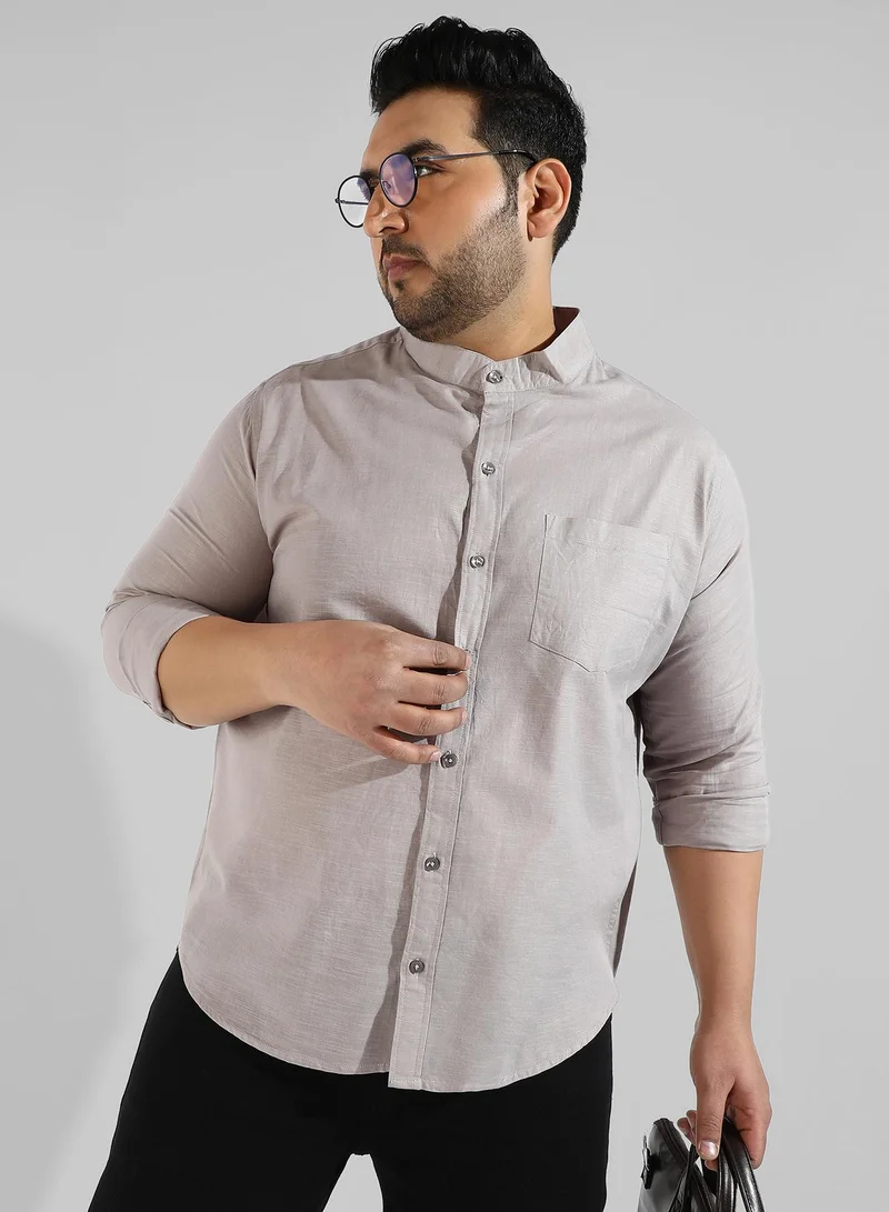 Instafab Plus Men's Grey Solid Button Up Mandarin Collar Regular Fit Shirt For Casual Wear | Modern Clothing Shirt Crafted With Regular Sleeve, Comfort Fit & High-Performance For Everyday Wear