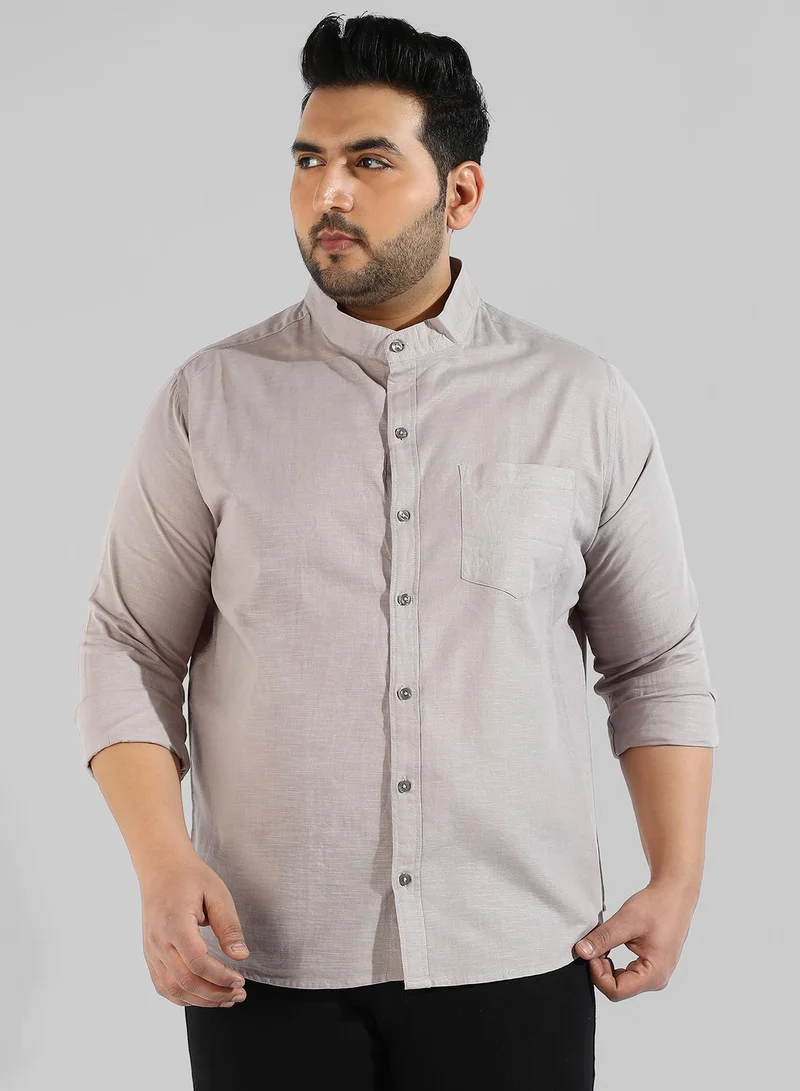 Instafab Plus Men's Grey Solid Button Up Mandarin Collar Regular Fit Shirt For Casual Wear | Modern Clothing Shirt Crafted With Regular Sleeve, Comfort Fit & High-Performance For Everyday Wear