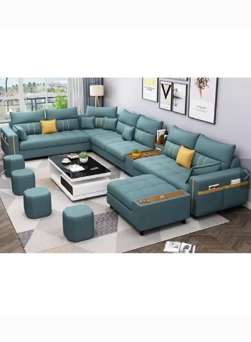 زهرة طقم أريكة حديثة على شكل U، تتسع لـ 7 أشخاص من جلد صناعي (PU) مع شيزلونج، أريكة زاوية لغرفة المعيشة – لون أخضر (389 × 231 × 86 سم)