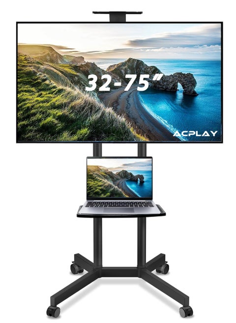 Rolling TV Cart with Adjustable Height for 32-75 Inch Displays, Lockable Wheels, Detachable Shelf, Supports 4K LCD and Curved TVs, Max VESA 600x400mm