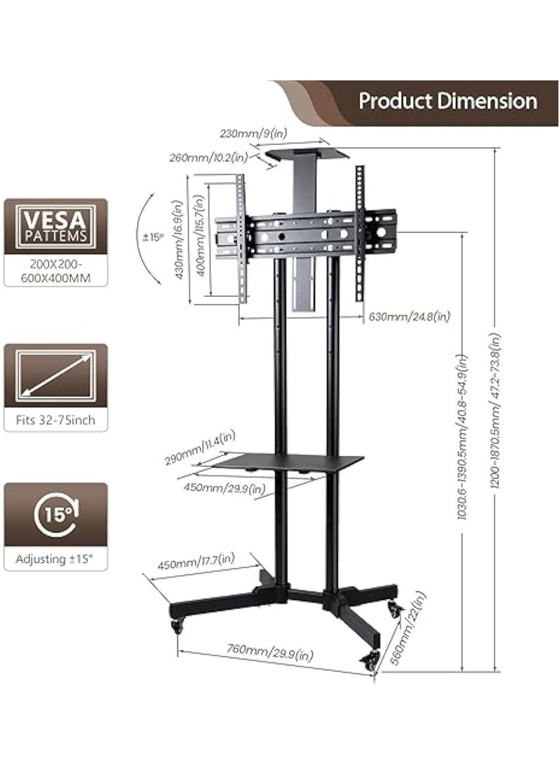 ACPLAY Rolling TV Cart with Adjustable Height for 32-75 Inch Displays, Lockable Wheels, Detachable Shelf, Supports 4K LCD and Curved TVs, Max VESA 600x400mm  - Image 4