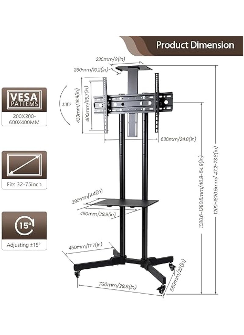 ACPLAY - Rolling TV Cart with Adjustable Height for 32-75 Inch Displays, Lockable Wheels, Detachable Shelf, Supports 4K LCD and Curved TVs, Max VESA 600x400mm - Image 1