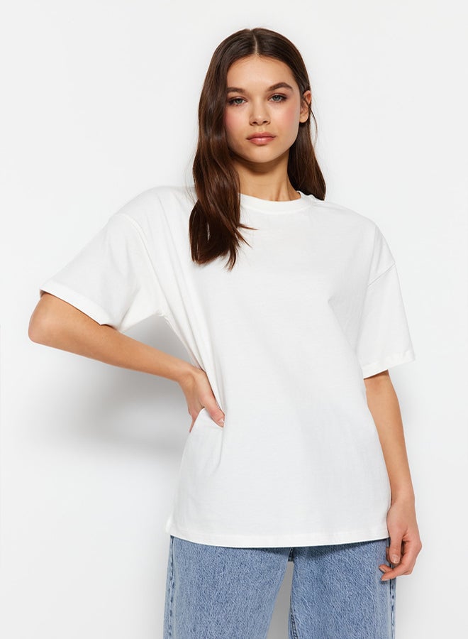 trendyol Premium Ecru 100% Cotton Back Printed Relaxed/Wide Comfort Fit Knitted T-Shirt - Image 3