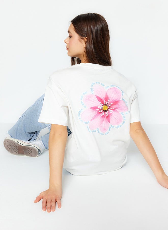 trendyol Premium Ecru 100% Cotton Back Printed Relaxed/Wide Comfort Fit Knitted T-Shirt - Image 1