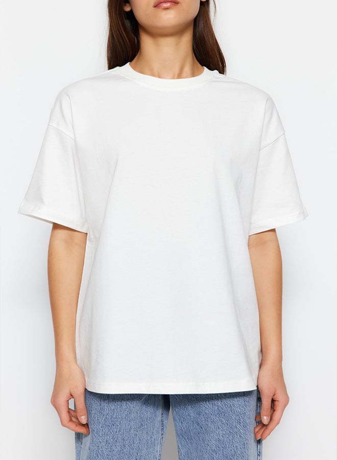 trendyol Premium Ecru 100% Cotton Back Printed Relaxed/Wide Comfort Fit Knitted T-Shirt - Image 4