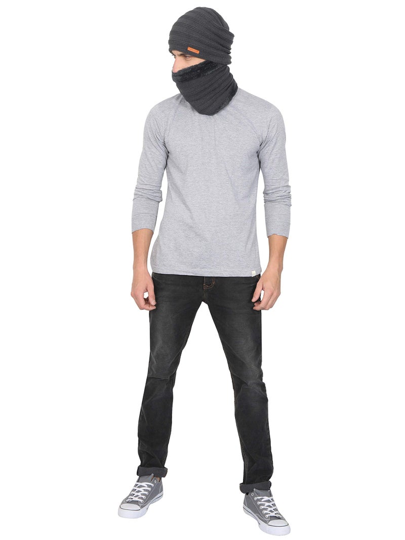 FabSeasons Unisex Acrylic Woolen Combo of Beanie/Skull Cap & Muffler for Winters with Faux Fur Lining Dark Grey - Image 5