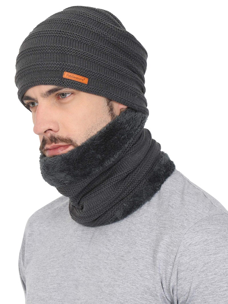 FabSeasons Unisex Acrylic Woolen Combo of Beanie/Skull Cap & Muffler for Winters with Faux Fur Lining Dark Grey - Image 1