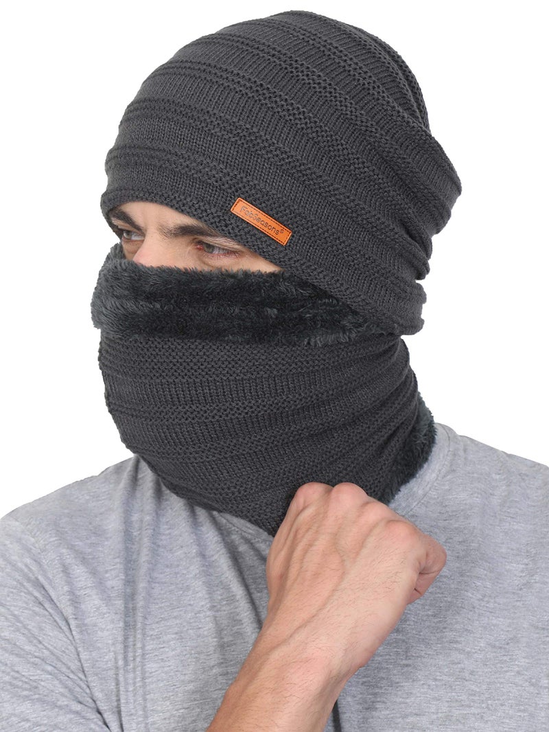 FabSeasons Unisex Acrylic Woolen Combo of Beanie/Skull Cap & Muffler for Winters with Faux Fur Lining Dark Grey - Image 2