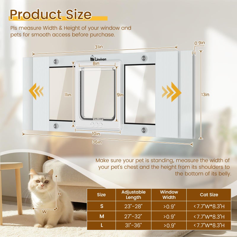 Linvivon Cat Door for Window, Quick Installation Adjustable Width of 31"-36", Cat Window Door with 4 Locking Modes, Magnetic Closure Design, Weatherproof Aluminum Frame Cat Door Window Insert - Image 2