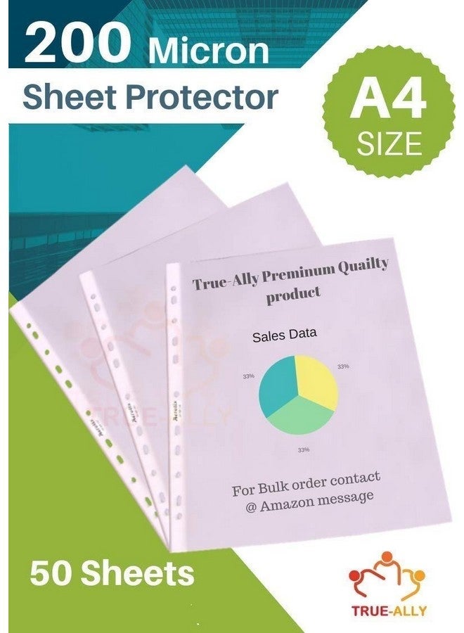 True-Ally True-Ally Heavy Duty 50 Pcs 200 Micron Transparent Document Sleeves, Leaf Sheet Clear Certificates, Waterproof Sheet Protectors 11 Holes Punched Ring Files Folder (A4 Size) (50 Sheets - 200 Micron)  - Image 2