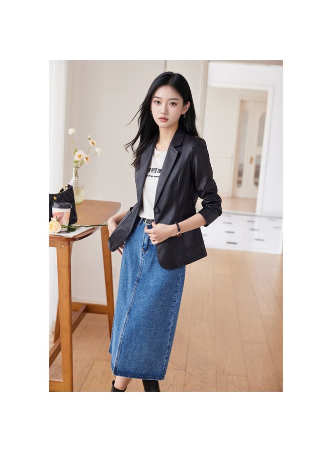 Teluoman Black Leather Jacket Women Autumn New High-end Pee Ol Commuter Blazer Top - Image 2