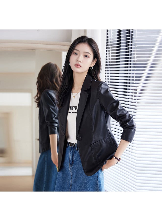 Teluoman Black Leather Jacket Women Autumn New High-end Pee Ol Commuter Blazer Top - Image 1