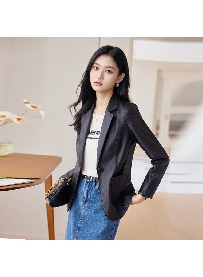 Teluoman Black Leather Jacket Women Autumn New High-end Pee Ol Commuter Blazer Top - Image 4