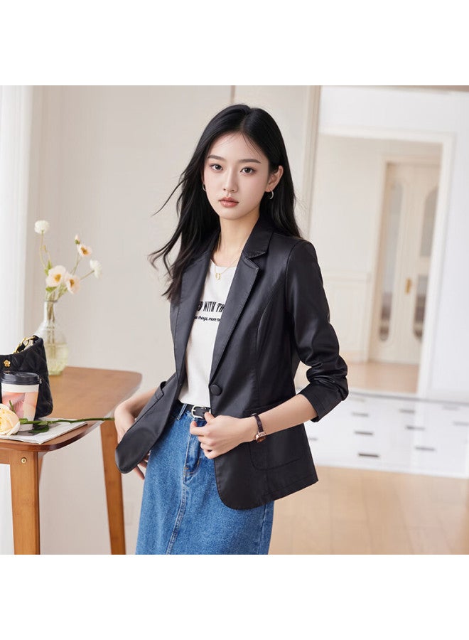 Teluoman Black Leather Jacket Women Autumn New High-end Pee Ol Commuter Blazer Top - Image 3