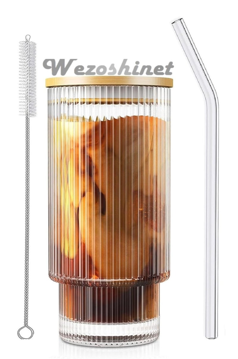 Zephorus Ribbed Drinking Glasses Tumbler with Bamboo Lids Straws and Straws Cleaner Clear Fluted Textured Vertical Stripe Glass Sipper Iced Coffee Cups for Beer Cocktail Beverage Tumbler 1Pcs - Image 1