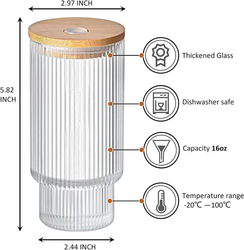 Zephorus Ribbed Drinking Glasses Tumbler with Bamboo Lids Straws and Straws Cleaner Clear Fluted Textured Vertical Stripe Glass Sipper Iced Coffee Cups for Beer Cocktail Beverage Tumbler 1Pcs - Image 5