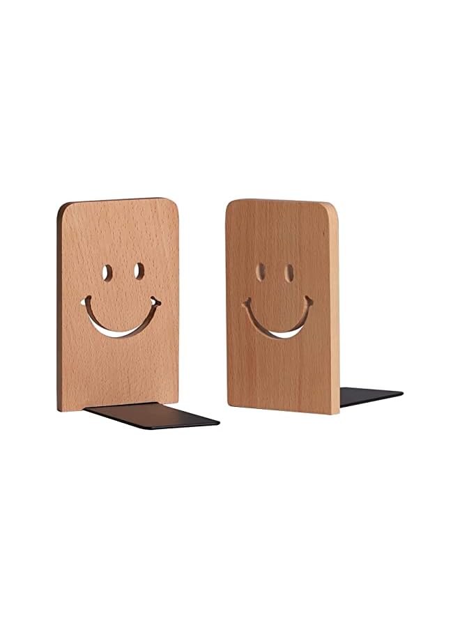 The Bros Wood Bookends for Shelves, Non Skid Book Ends for Office Home Kitchen, Smile Bookends for Holiding Books (Beech) - Image 2