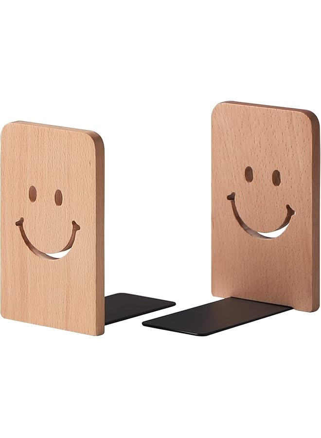 The Bros Wood Bookends for Shelves, Non Skid Book Ends for Office Home Kitchen, Smile Bookends for Holiding Books (Beech) - Image 1