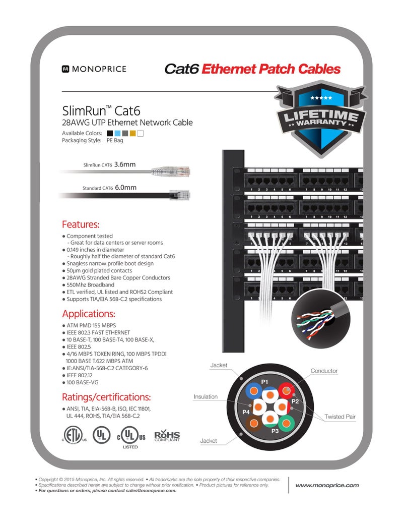 Monoprice Cat6 Ethernet Patch Cable - Snagless, Stranded, 550MHz, UTP, CMR Rated, 28AWG, 3 Feet, Red - SlimRun Series - Image 5