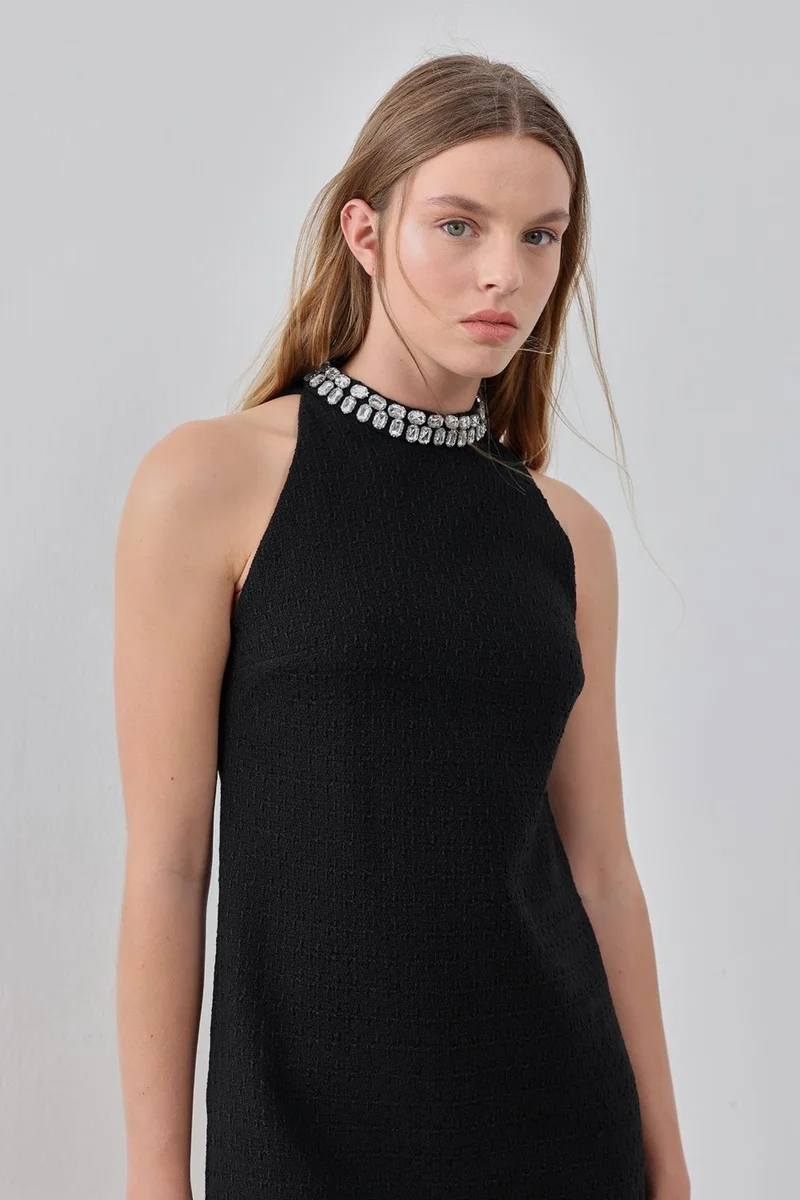 Pieces Of Melon Black Halter Neck Stone Embroidered Tweed Dress