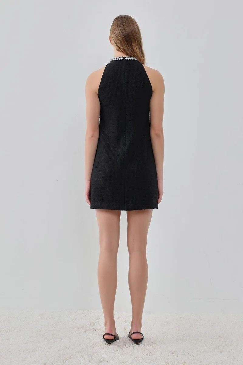 Pieces Of Melon Black Halter Neck Stone Embroidered Tweed Dress