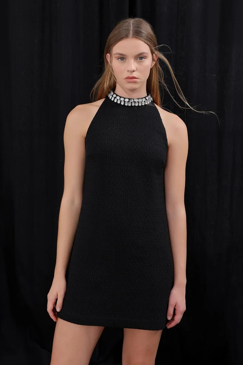 Pieces Of Melon Black Halter Neck Stone Embroidered Tweed Dress