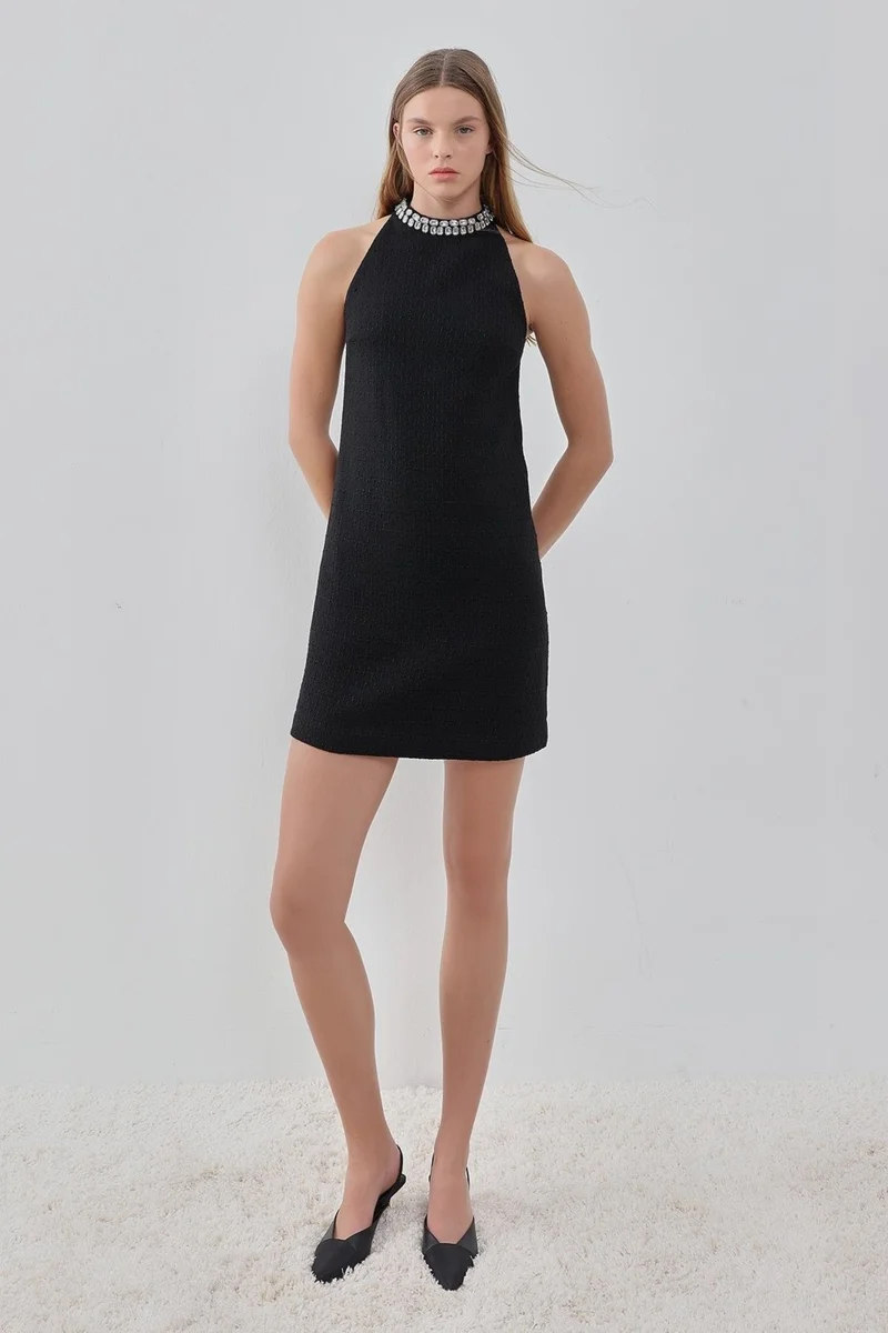 Pieces Of Melon Black Halter Neck Stone Embroidered Tweed Dress