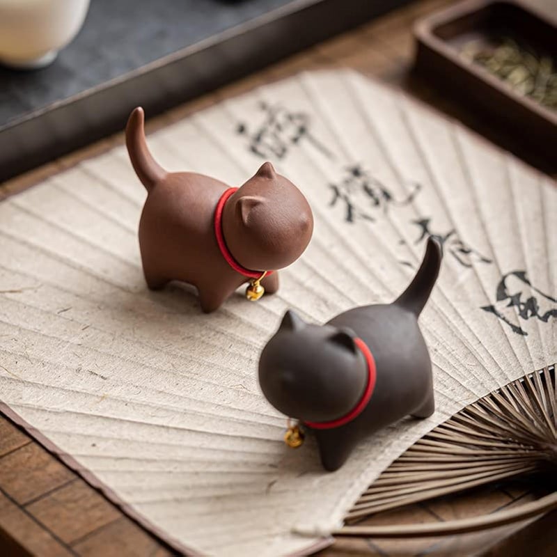 MOZEO One Set Cute Kitten Tea Pet Purple Sand Handcrafted for Kung Fu Tea Set Acessories for Table Room/Home/Office Tearoom Chinese Kungfu Tea Pet Gift for Tea Lovers (2pcs) - Image 1