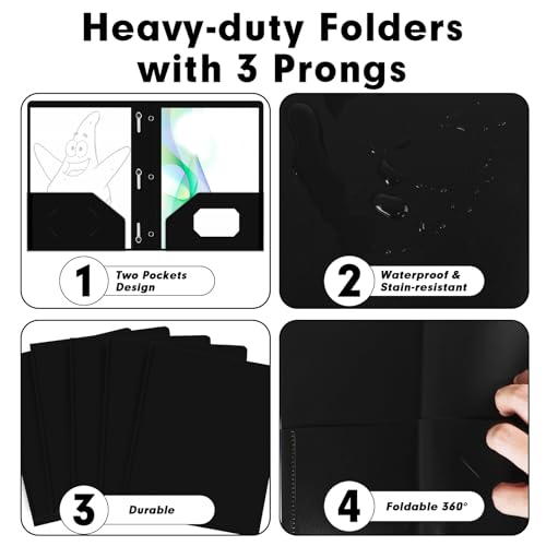 LAYZZ Plastic 2 Pocket Folders with Prongs, 30 Pack, Heavyweight, Letter Size Poly Folders with 3 Metal Prongs Fastener Clips (Black) - Image 5