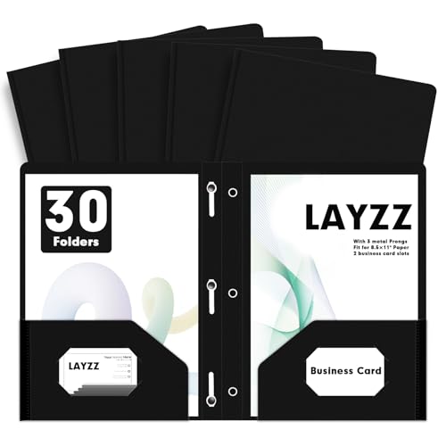 LAYZZ Plastic 2 Pocket Folders with Prongs, 30 Pack, Heavyweight, Letter Size Poly Folders with 3 Metal Prongs Fastener Clips (Black) - Image 1