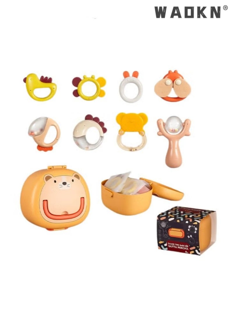 WAOKN Kids 8 Pieces Set With Storage Box Enlightenment Early Education Bell Ring Set Exercise Children Listening and Concentration Newborn Baby Toys Newborn Rattles Can Bite Babies 6-12 Months 19*12.5*18cm Orange  - Image 1