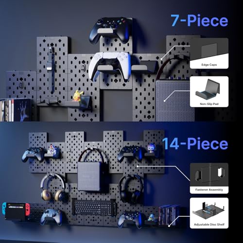 PEGZONE حامل وحدة التحكم وسماعات الرأس PEGZONE، حامل جدار للألعاب، لوحة PEG قابلة للتعديل مع ملحقات، حامل وحدة التحكم لجهاز Xbox PS5 PS4 Switch، تخزين ألعاب الفيديو، منظم رف الأقراص، 7 قطع، أسود - Image 3
