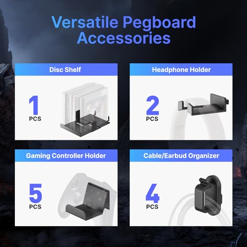 PEGZONE حامل وحدة التحكم وسماعات الرأس PEGZONE، حامل جدار للألعاب، لوحة PEG قابلة للتعديل مع ملحقات، حامل وحدة التحكم لجهاز Xbox PS5 PS4 Switch، تخزين ألعاب الفيديو، منظم رف الأقراص، 7 قطع، أسود - Image 4