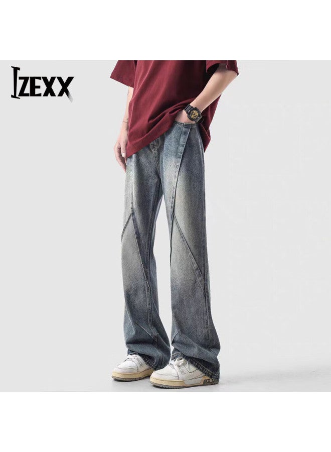 Izexx Deconstructed Men's Denim Jeans Spring Summer High Street Casual American Style Loose Fit Tall Vintage Blue 3XL - Image 1