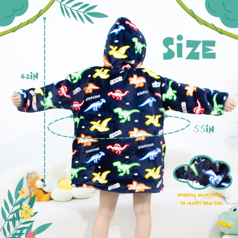 REXEO Wearable Blanket Hoodie for Kids Fleece Sweatshirt Blanket Dinosaur Gifts for Boys Girls Flannel Hooded Blanket with Pocket and Sleeves for Kids - Image 2