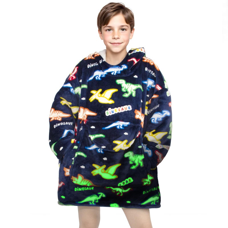 REXEO Wearable Blanket Hoodie for Kids Fleece Sweatshirt Blanket Dinosaur Gifts for Boys Girls Flannel Hooded Blanket with Pocket and Sleeves for Kids - Image 1
