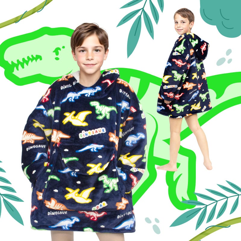 REXEO Wearable Blanket Hoodie for Kids Fleece Sweatshirt Blanket Dinosaur Gifts for Boys Girls Flannel Hooded Blanket with Pocket and Sleeves for Kids - Image 5