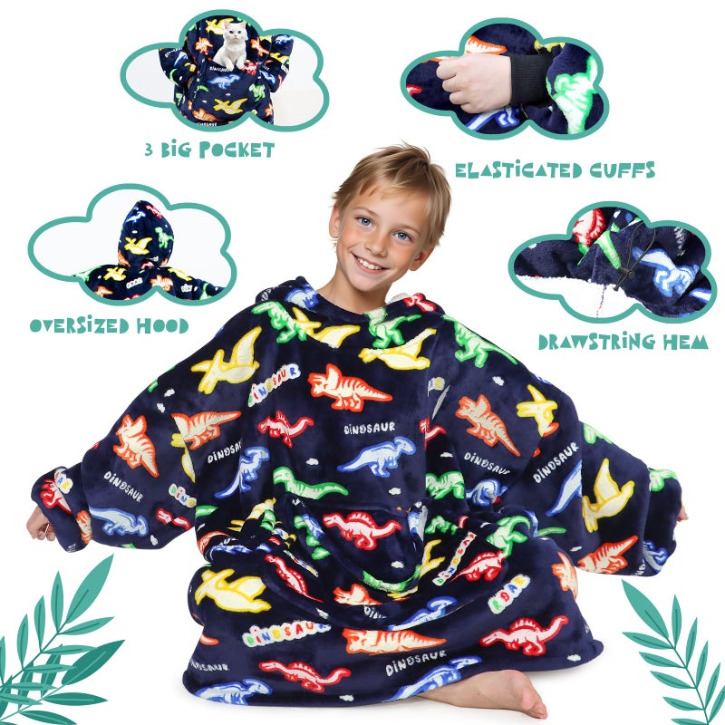 REXEO Wearable Blanket Hoodie for Kids Fleece Sweatshirt Blanket Dinosaur Gifts for Boys Girls Flannel Hooded Blanket with Pocket and Sleeves for Kids - Image 4