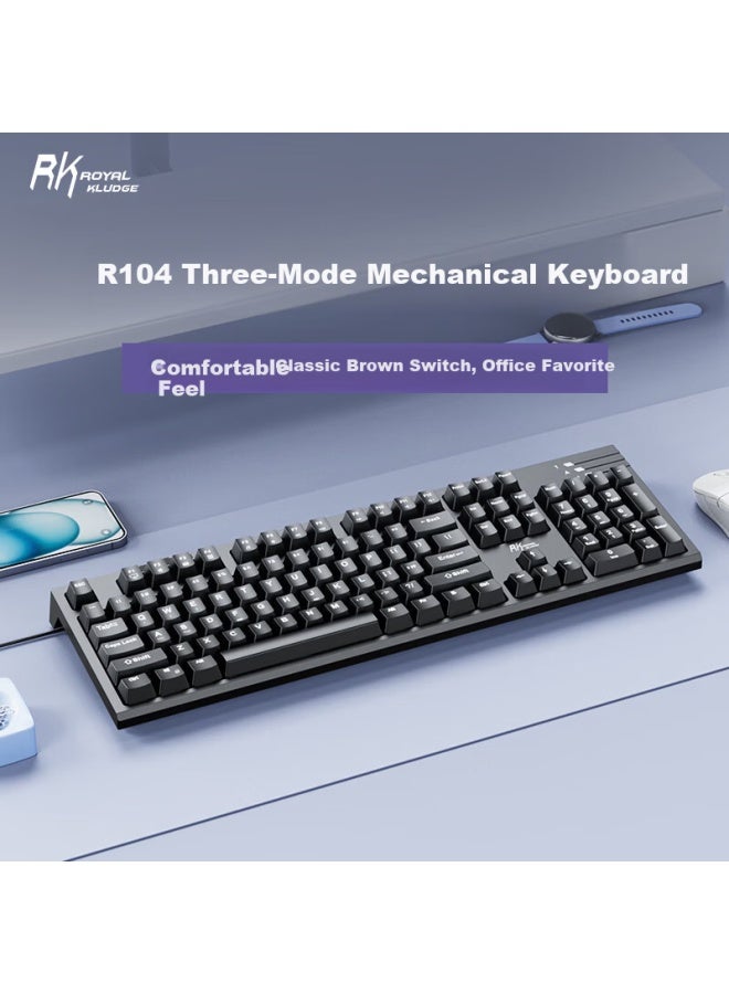 Rk R104 Tri-mode Mechanical Keyboard Full-key Anti-ghosting Efficient Office Gasket Structure Wired Wireless Gaming Laptop Black Non-backlit Brown Switch - Image 1