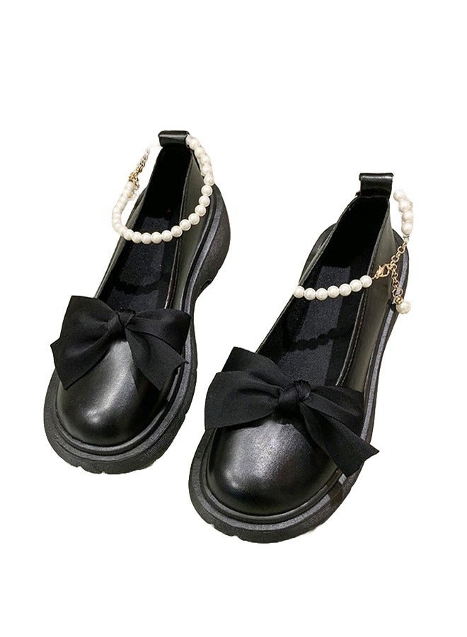 RIOXS Women's Mid Block Heel Pumps Flat Mary Jane Shoes with Bow Pearl Strap Princess Wedding Party Dress Shoes - Image 3