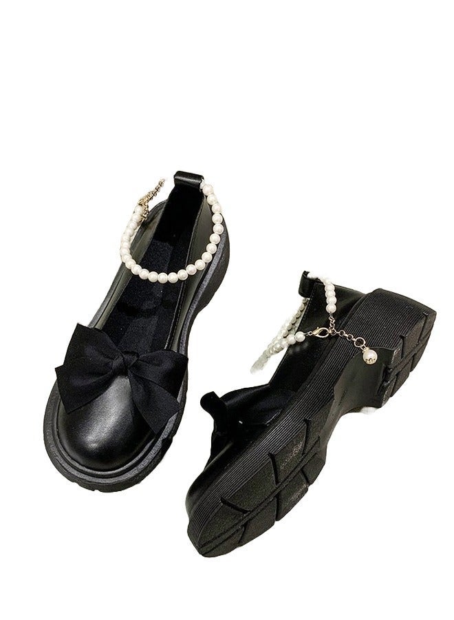 RIOXS Women's Mid Block Heel Pumps Flat Mary Jane Shoes with Bow Pearl Strap Princess Wedding Party Dress Shoes - Image 2