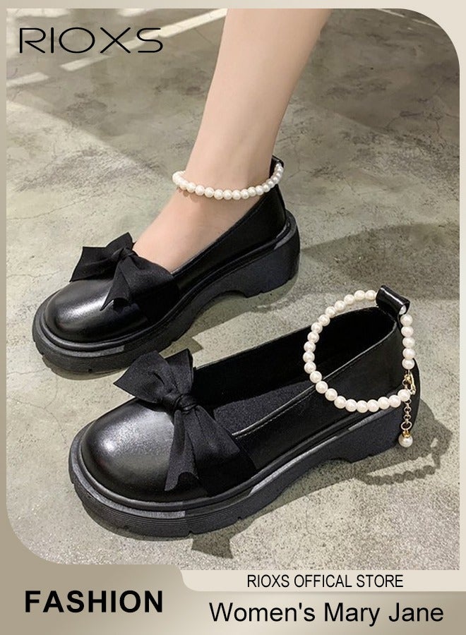 RIOXS Women's Mid Block Heel Pumps Flat Mary Jane Shoes with Bow Pearl Strap Princess Wedding Party Dress Shoes - Image 1