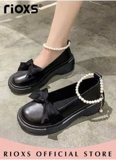RIOXS Women's Mid Block Heel Pumps Flat Mary Jane Shoes with Bow Pearl Strap Princess Wedding Party Dress Shoes  - Image 5