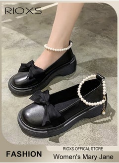 RIOXS Women's Mid Block Heel Pumps Flat Mary Jane Shoes with Bow Pearl Strap Princess Wedding Party Dress Shoes  - Image 1