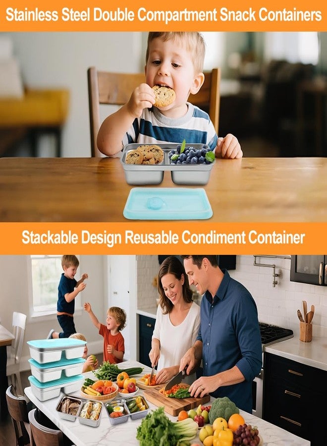 SEILETOO Grab and Go Snack Containers Reusable, 4PCS Stainless Steel Double Compartment Snack Containers with Spoons Forks, Dishwasher,Reusable Condiment Container with Lids of Snacks - Image 2