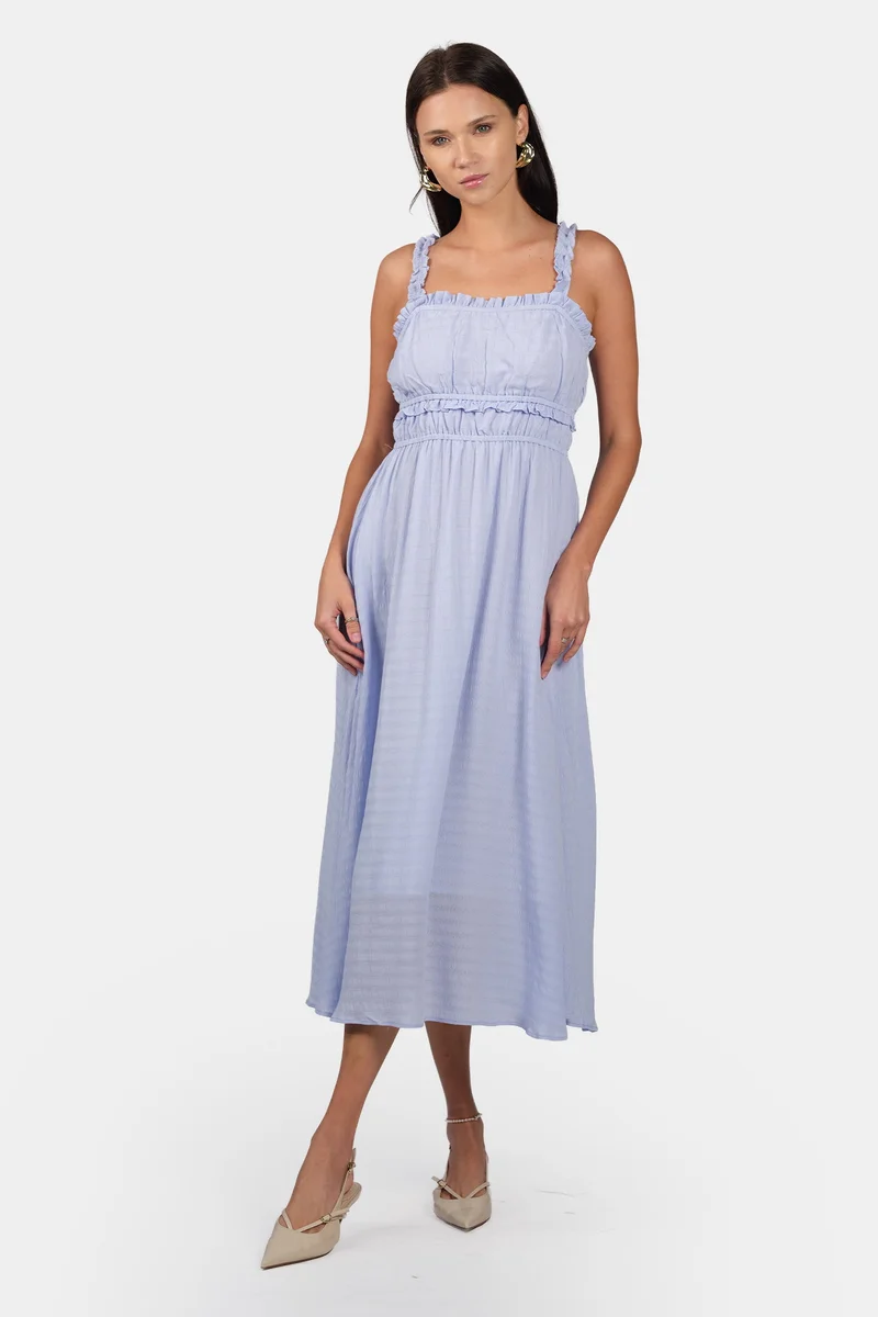 Virgio Solid Viscose Ruched Ruffle Midi Dress for Women