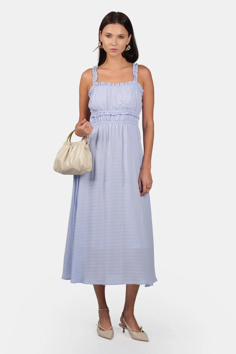 Virgio Solid Viscose Ruched Ruffle Midi Dress for Women